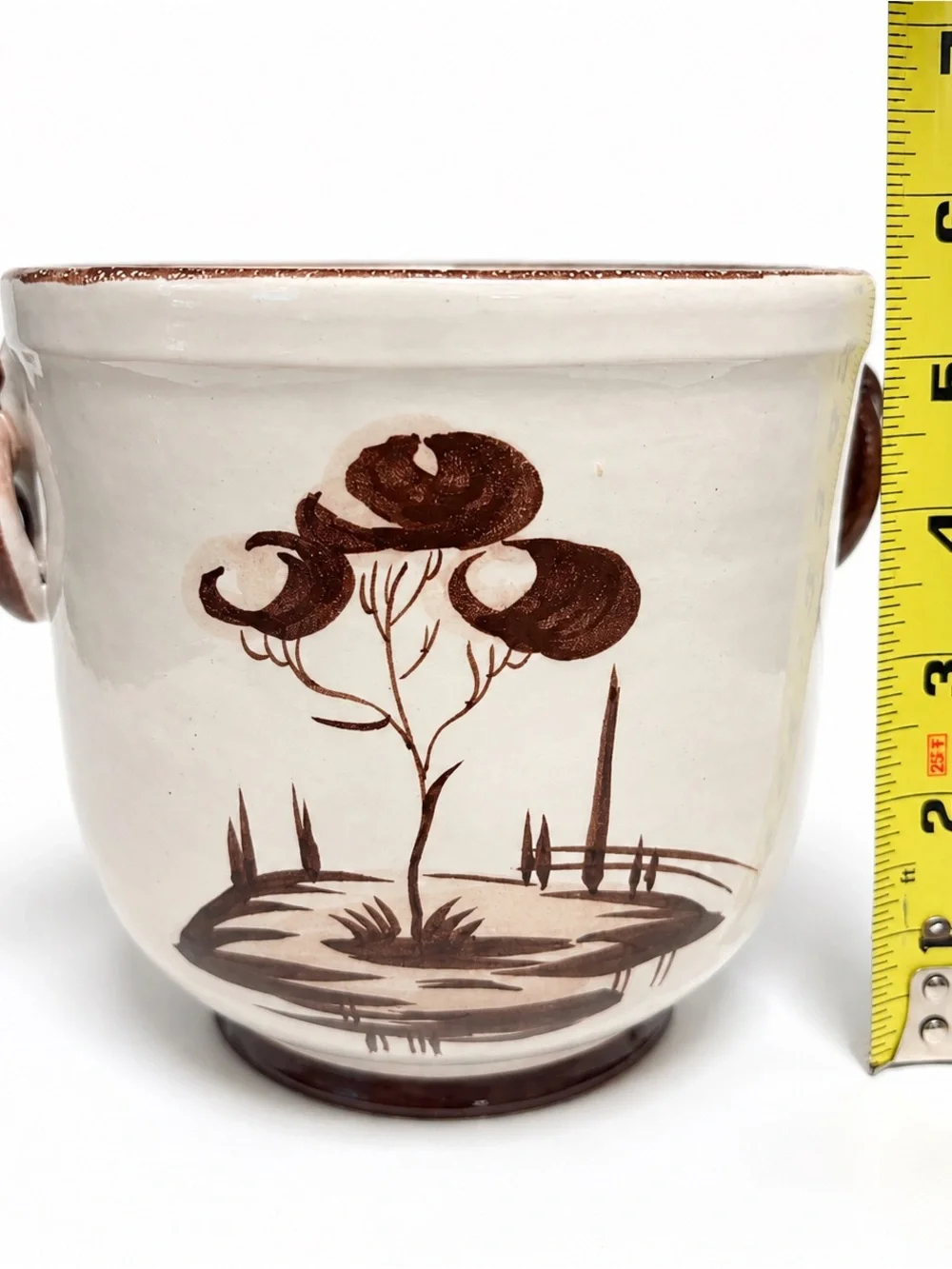 Vintage Hand Painted Ceramic Planter Brown Scenic Cottagecore Pottery